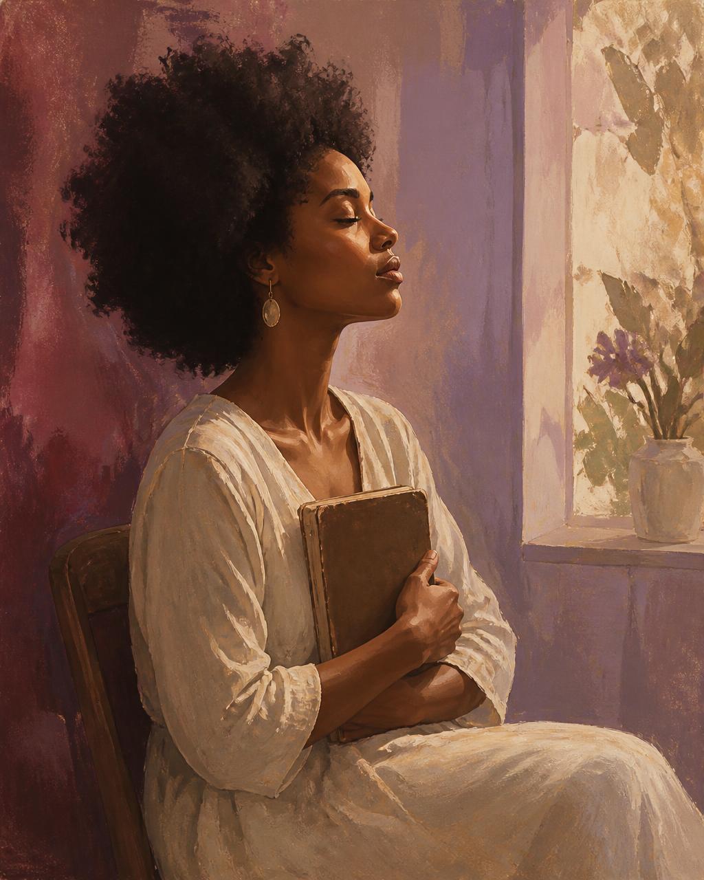 Portrait peint d'Esmée Nefrazen, femme noire aux cheveux afro, un carnet serré contre elle près d'une fenêtre